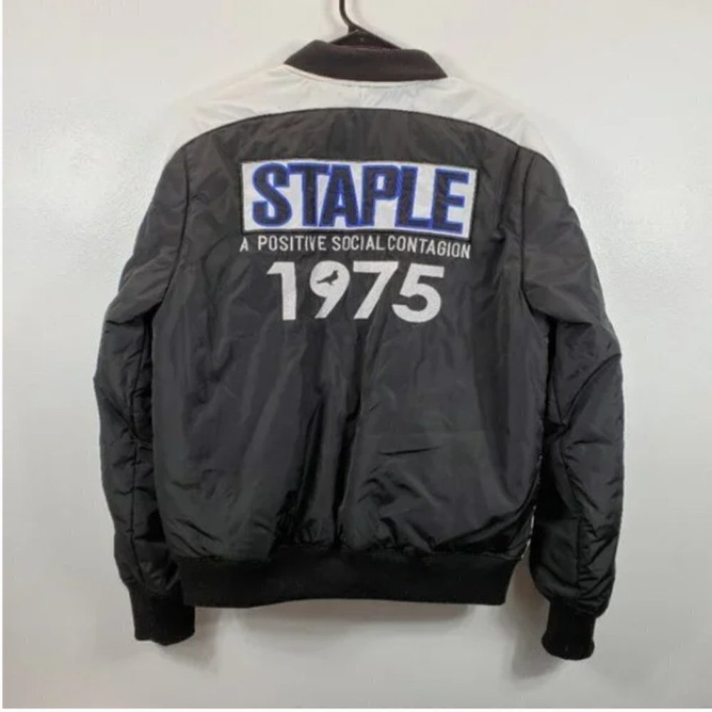 Staple Pigeon Men BlackWhite Reversible Full zip Bomber Jacket Sz S